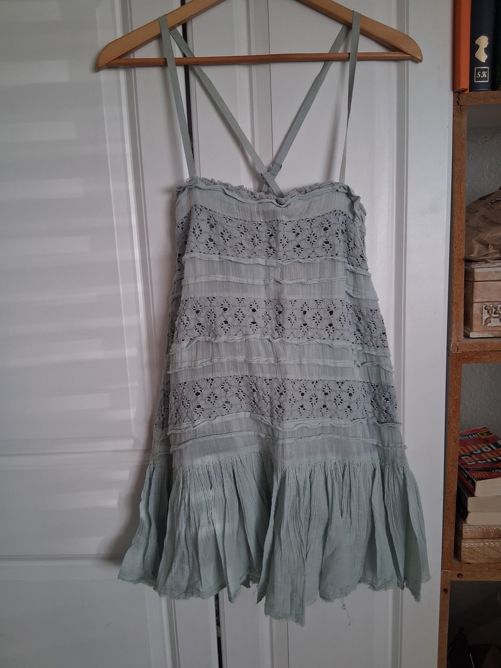 Light Sage Crochet-Trim Mini Dress with Adjustable Straps